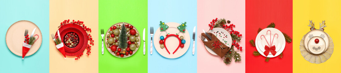 Different Christmas table settings on color background, top view