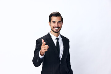 Portrait of man in expensive business suit smile with teeth happiness hands up thumbs up on white...