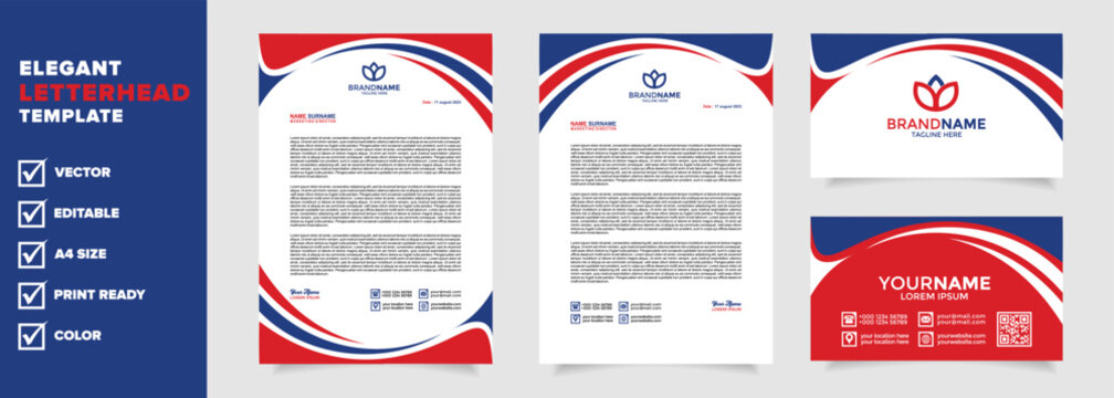 Modern Letterhead Design Template With Red Blue And White Color Combination 	