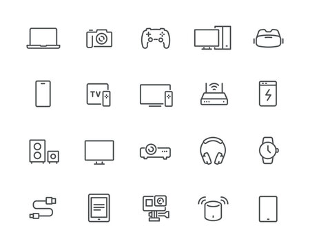 Digital Electronic Devices Icons Set. Such as Camera, Projector, Headphones, Power Bank, Game, Console, Sound System, and others. Editable vector stroke.