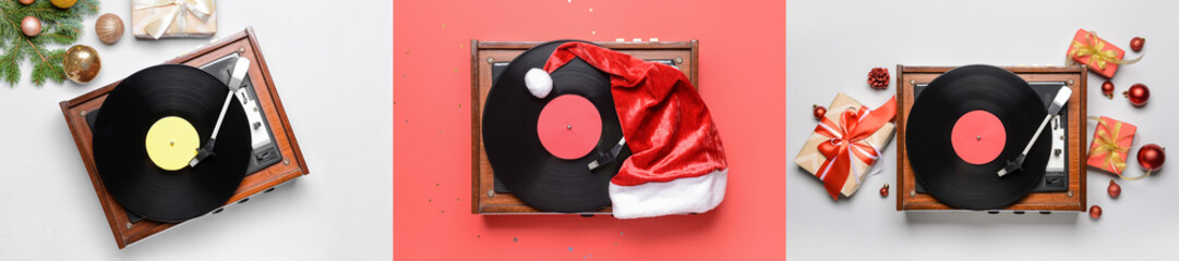 Collage of vinyl record player with Christmas decorations, top view