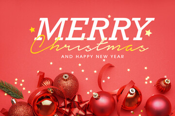 Beautiful greeting card for Christmas and New Year with decor on red background