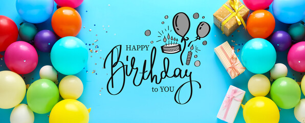 Banner with inflatable balloons, gifts and text HAPPY BIRTHDAY TO YOU on blue background