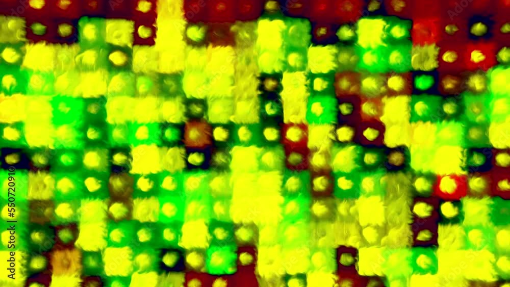 Poster colorful squares blink and pulse. motion. background of flashing squares and dots with blurry fluid 