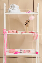 Shelving unit with pink sex toys near beige wall