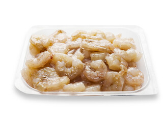 Fresh uncooked prawn or shrimp on plastic tray, white background. Premium high quality seafood product.