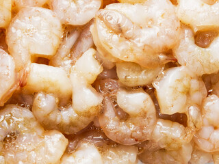 Close up of uncooked, raw prawn or shrimp. High quality seafood product.