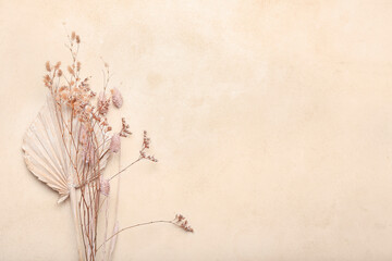 Dried flowers and leaf on light background
