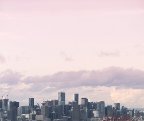 The skyline of Vancouver against a purple sky in British Columbia, Canada