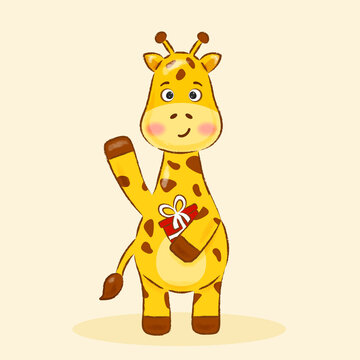 giraffe holding a red gift in his hands on a yellow background