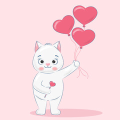 gray cat with balloons hearts in hand on a pink background 