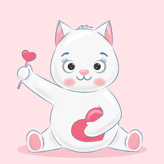 gray cat with hearts in hands on a pink background 