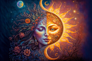 Fantastic magical fairy tale landscape with moon and sun. spring equinox, day and night are inseparable. duality concept. magic background. vintage style illustration	