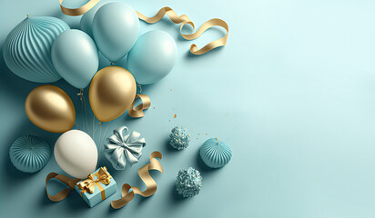 Celebration banner with gold gifts, confetti and balloons. greeting card mockup. Celebratory banner