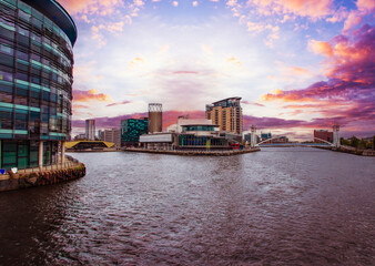 Naklejka premium Sunset Evening Media City Salford Quays, Manchester England
