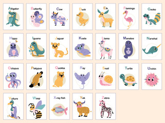 Childish animal alphabet from A to Z. Educational material for kids. Set of letter cards with animals for posters, cards, book.