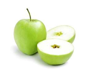 Whole and cut green apples on white background