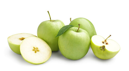 Ripe green apples on white background