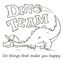 coloring. Dinosaur basketball player cool playing with the ball. Fan t-shirt design for kids. Vector print. Dinosaur character design. Fashion illustration for clothes