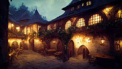 Supernatural medieval city street with medieval buildings, concept art. Medieval heroic fantasy, intense color. - obrazy, fototapety, plakaty