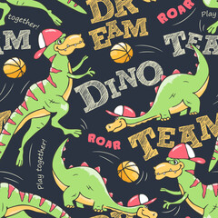 Vector seamless Dinosaur pattern. Dinosaur basketball player cool playing with the ball. Art illustration. Fan t-shirt design for kids. Vector print. Fashion illustration for clothes
