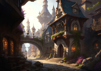 Fantasy medieval city street with medieval buildings, concept artwork. Medieval heroic fantasy, Bright color. - obrazy, fototapety, plakaty