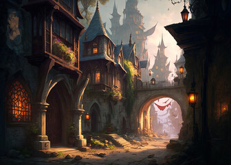Supernatural medieval city street with medieval buildings, concept artwork. Medieval heroic fantasy, rich and colorful. - obrazy, fototapety, plakaty