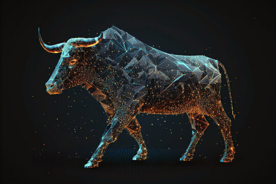 Inventive Bull Market In Finance, On Black Background, 3D Illustration. Bull Stock Market, Contrasting Color.