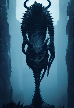 Horrifying Monster Statue In Dark Environment, Realistic Cgi 3D Illustration. Horror Character Concept,.