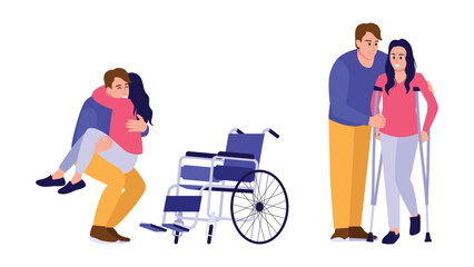 Vector illustration of rehabilitation. Cartoon scene with guy who helps girl get back on her feet after she couldnt walk on white background.