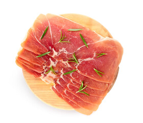 Wooden board of tasty ham with rosemary on white background