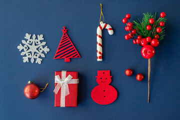 Christmas composition made of christmas decoration. Flat lay, top view.