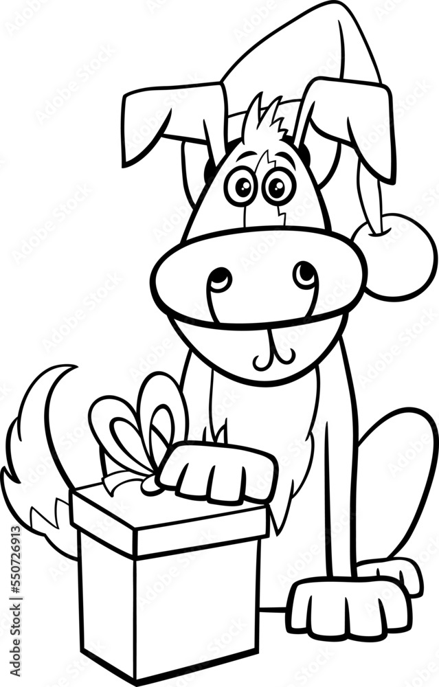 Wall mural comic dog with gift on Christmas time coloring page