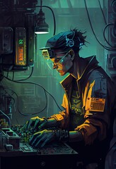 A person in a Cyberpunk factory