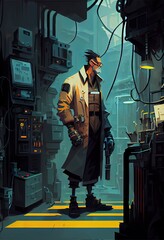 Fototapeta na wymiar A person in a Cyberpunk factory