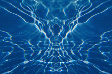 Defocus blurred transparent blue colored clear calm water surface texture with splashes and bubbles. Trendy abstract nature background. Water waves in sunlight with copy space. Blue watercolor shining