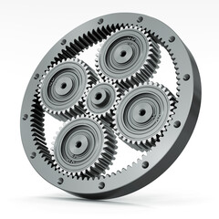 Black planetary gear on a white background. 3d render