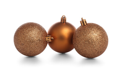 Three golden Christmas balls isolated on white background