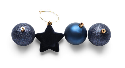 Set of blue Christmas decorations on white background