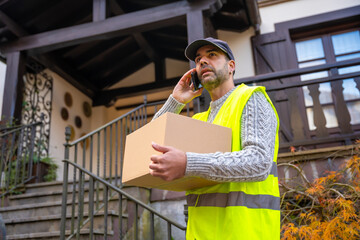 A young delivery man with the box in a protective uniform, provides customer service in the delivery
