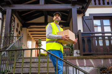 A young delivery man with a box and in a protective uniform at the delivery of the online order