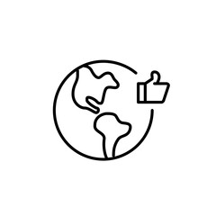 Obraz premium Worldwide customer approval. Planet Earth with thumbs-up symbol. Pixel perfect, editable stroke icon