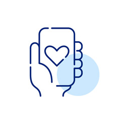 Hand holding smartphone with a heart symbol on screen. Pixel perfect, editable stroke line icon