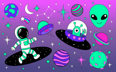 Fototapeta premium Astronauts and Alien in space cartoon vector illustration. Space travel and exploration.
