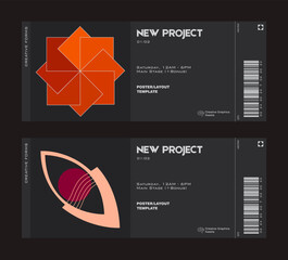 Ticket vector template layout with abstract  vector geometric shapes. Brutalism inspired graphics. Great for branding presentation, poster, cover, art, tickets, prints, etc.