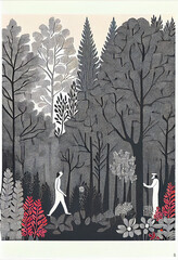 Forest family lino cut art