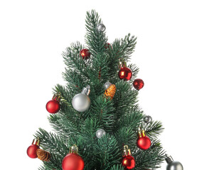 Small Christmas tree with balls on white background, closeup