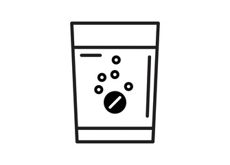 Effervescent pill dissolving into a cup of water. Simple illustration in black and white.