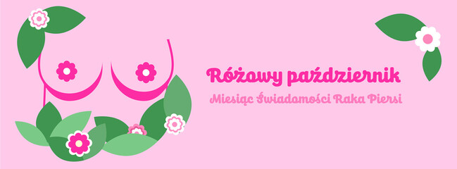 Miesiąc Świadomości Raka Piersi, ilustracja piersi z kwiatami na różowym tle, sutki w kształcie kwiatów, baner poziomy, Różowy październik, ilustracja profilaktyki raka piersi, zdrowie kobiety