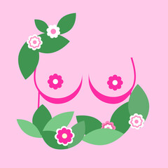 Miesiąc Świadomości Raka Piersi, ilustracja piersi z kwiatami na różowym tle, sutki w kształcie kwiatów, Różowy październik, ilustracja profilaktyki raka piersi w kształcie kwadratu, zdrowie kobiety